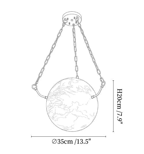 Modern Brass Chain and Alabaster Sphere Pendant Light Line Art Dimension Diagram Version One