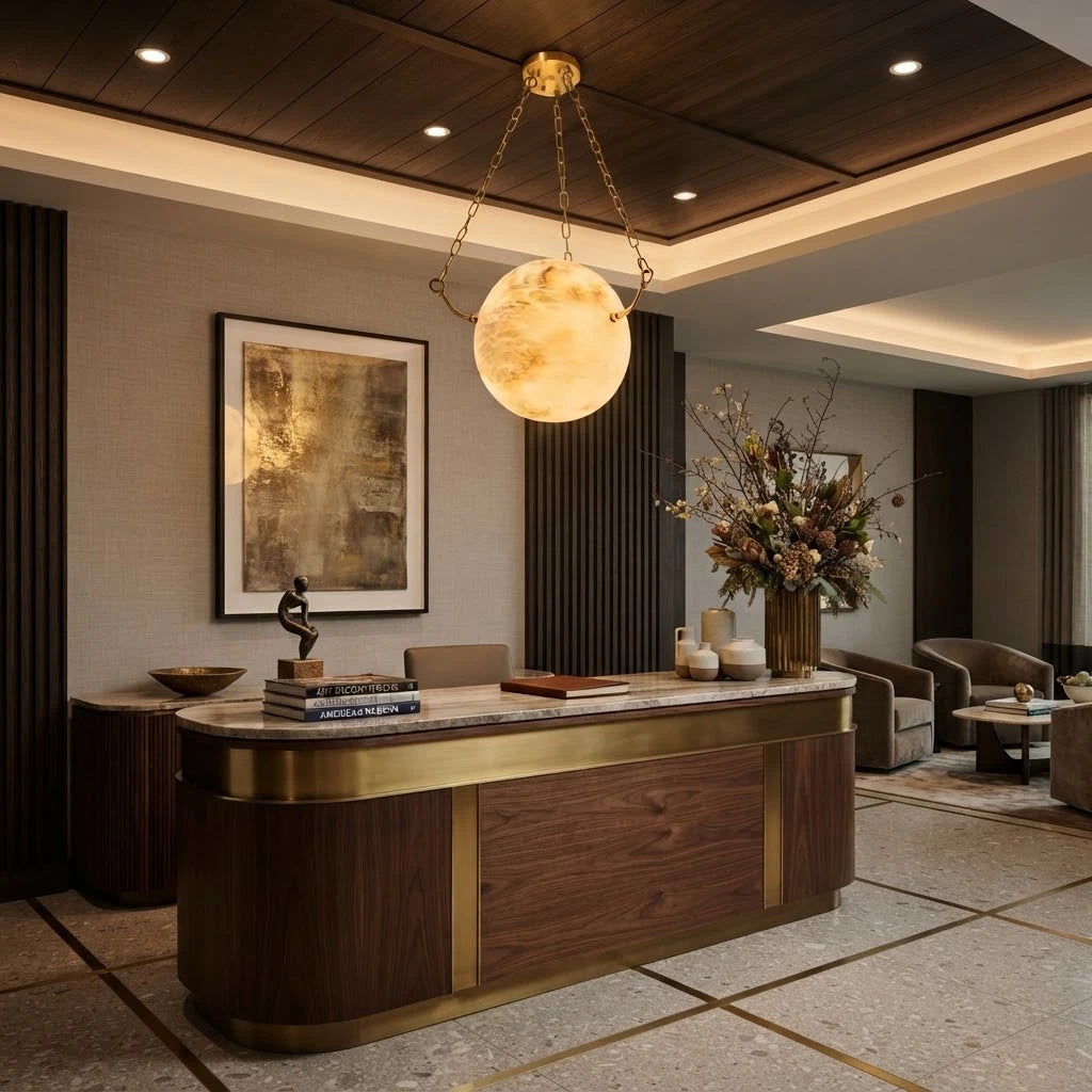 Modern Alabaster Sphere Pendant Light in Grand Foyer Setting