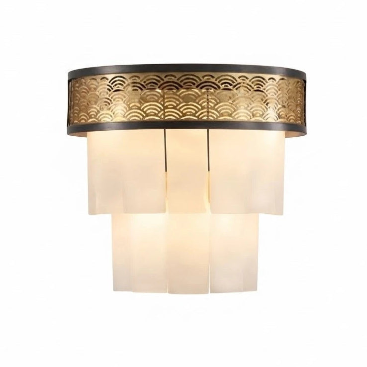 Modern Tiered Alabaster and Pierced Metal Band Wall Sconce with Warm Light on Pure White Background