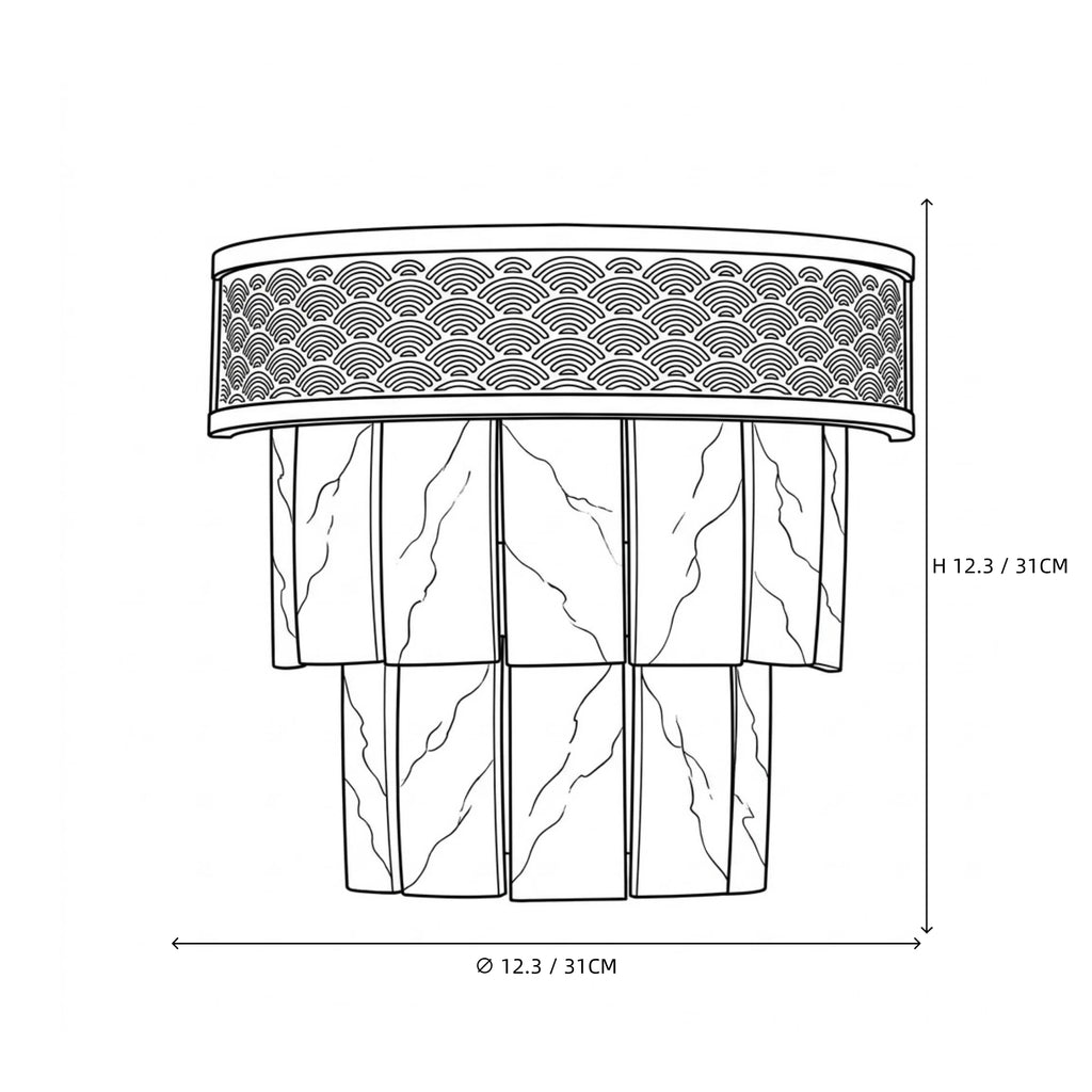 Modern Tiered Alabaster and Pierced Metal Band Wall Sconce Line Art Dimension Diagram   