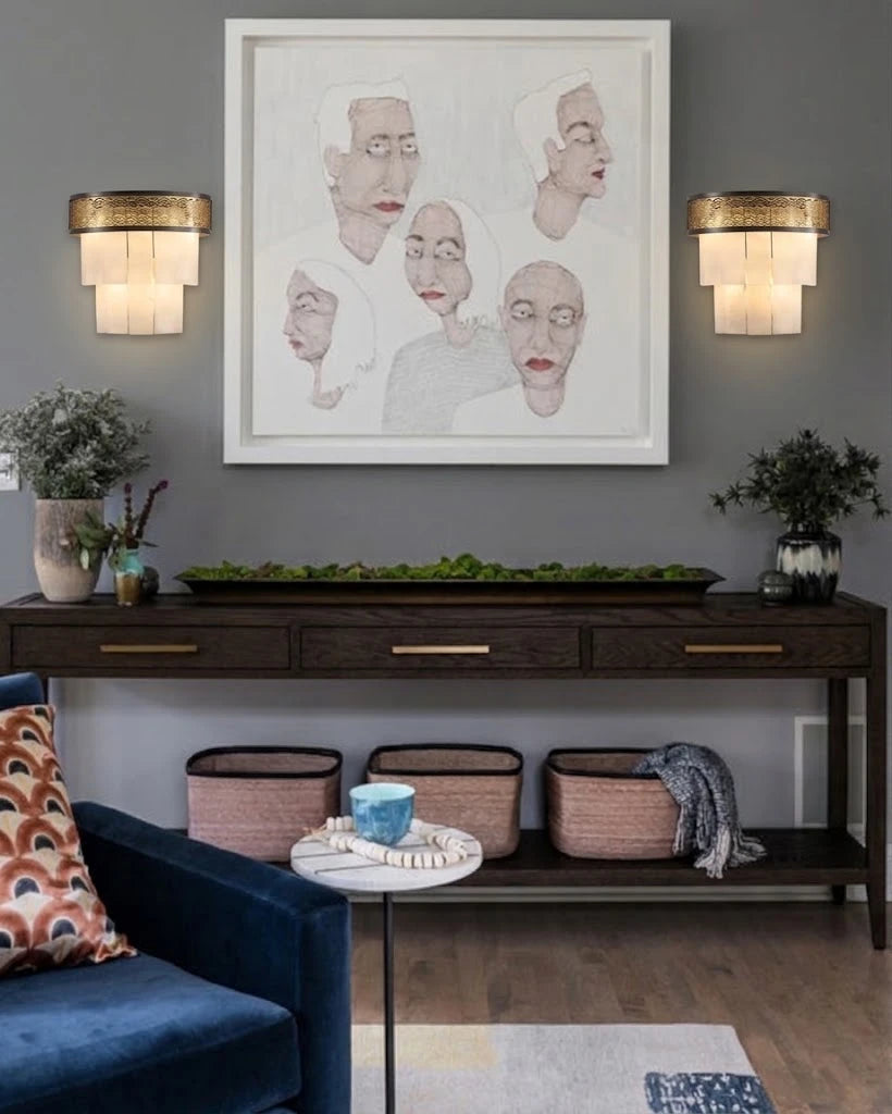 Modern Tiered Alabaster Wall Sconce in Contemporary Living Room   