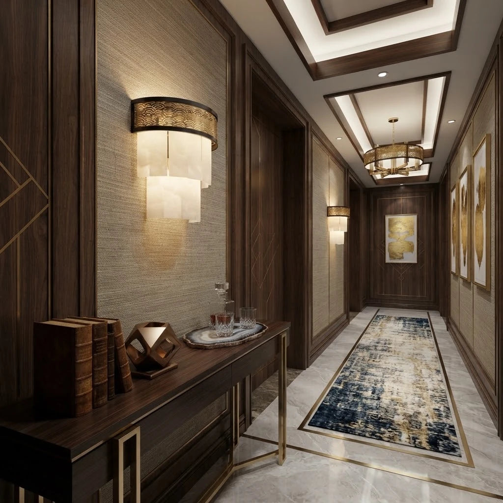 Modern Tiered Alabaster Wall Sconce in Elegant Hallway Corridor   
