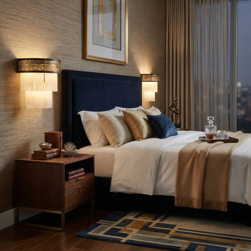 Modern Pierced Metal Band Wall Sconce in Cozy Master Bedroom Suite   