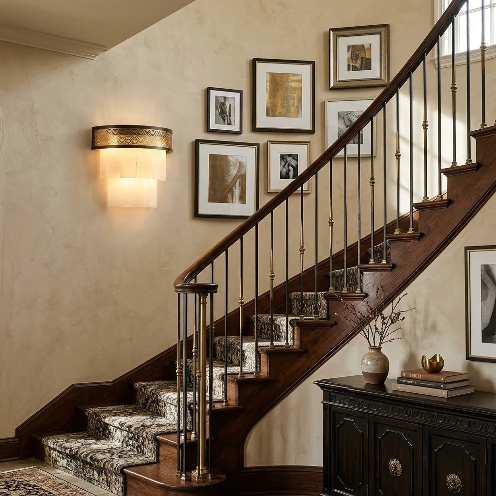 Modern Tiered Alabaster Wall Sconce in Grand Staircase Foyer   