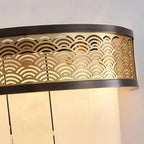 Close Up View of Pierced Metal Band Pattern and Tiered Alabaster Shades Details   