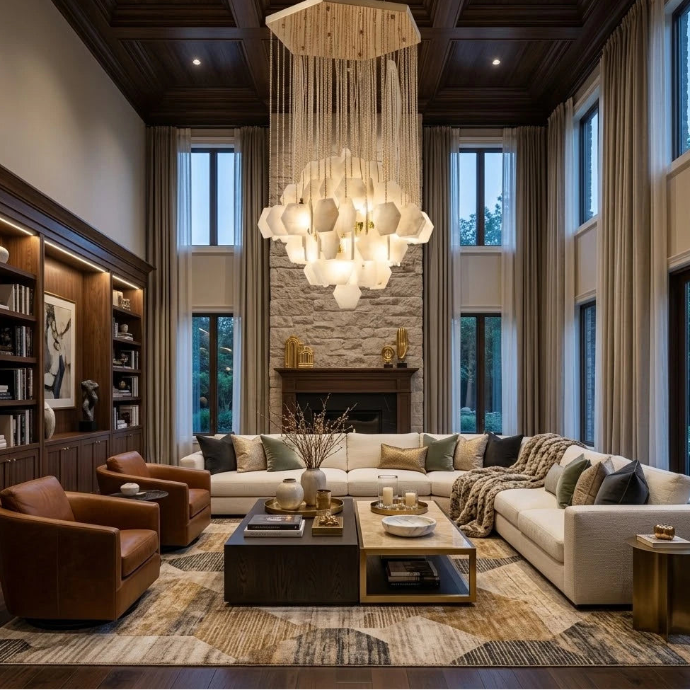 Modern Alabaster Multi-Tier Chandelier in Grand Living Area