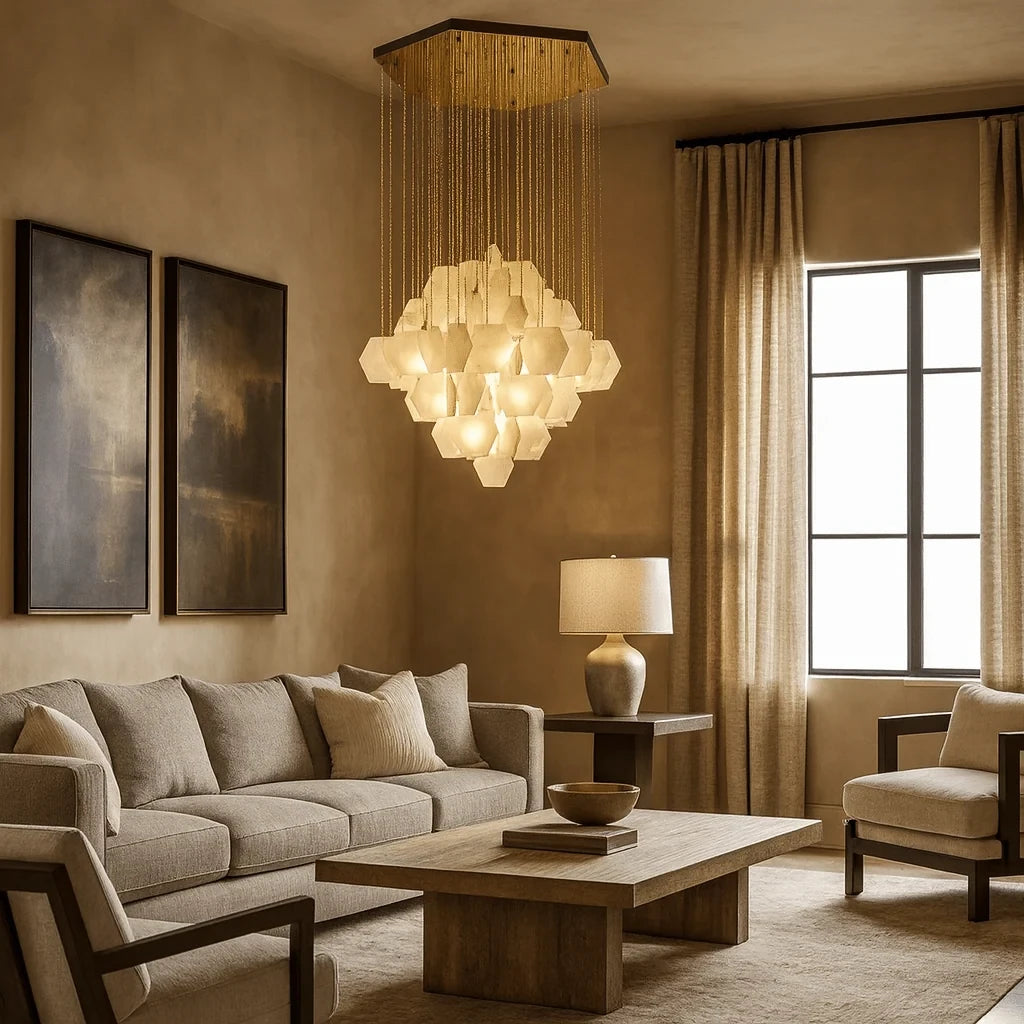 Modern Hexagonal Ceiling Chandelier in Bright Contemporary Living Room