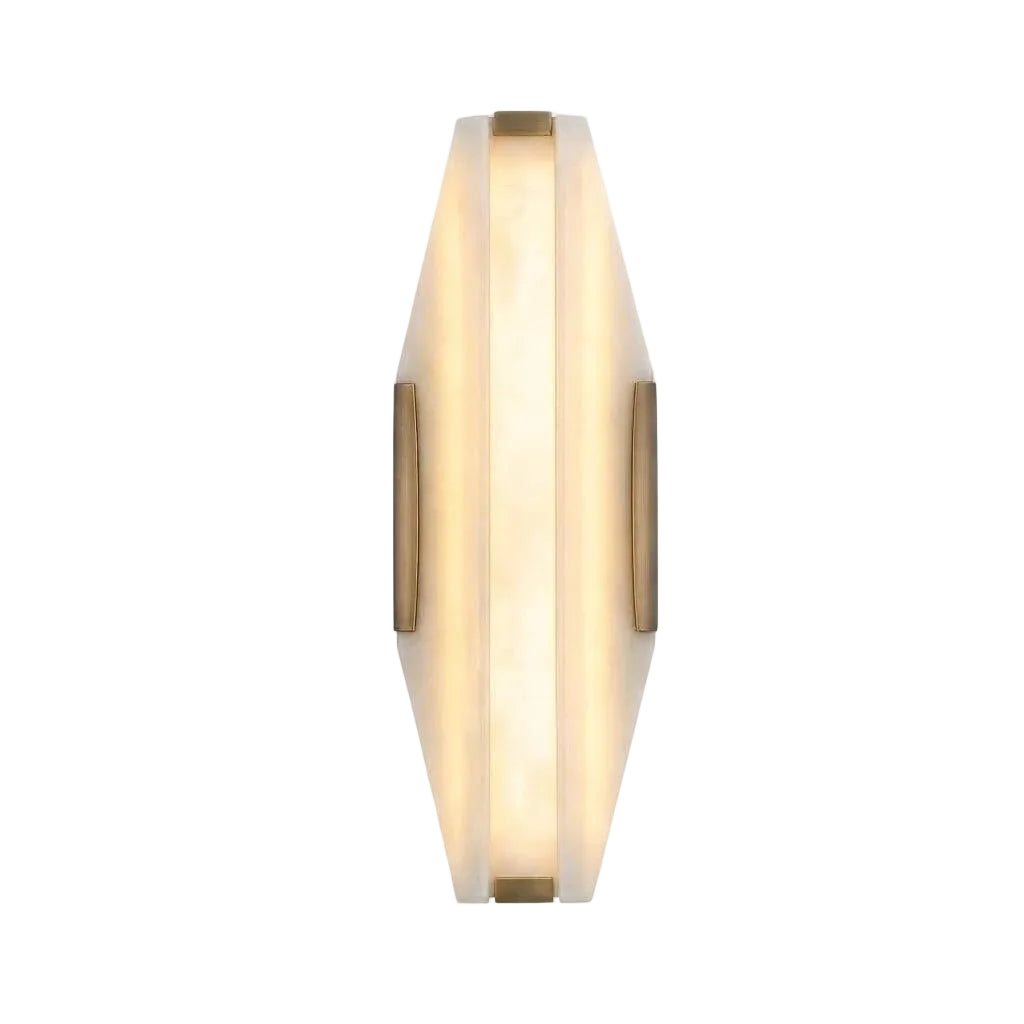 Modern Hexagonal Alabaster and Brass Trim Wall Sconce with Warm Light on Pure White Background