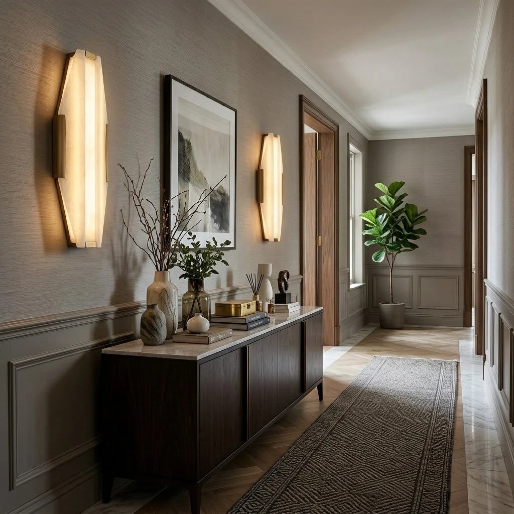 Modern Hexagonal Alabaster Wall Sconce in Grand Foyer Corridor