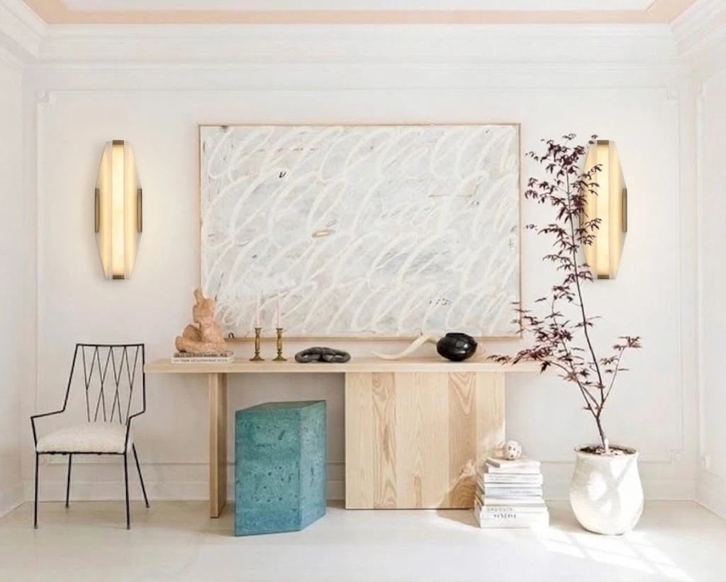 Modern Alabaster Wall Sconce in Designer Living Area Setting   
