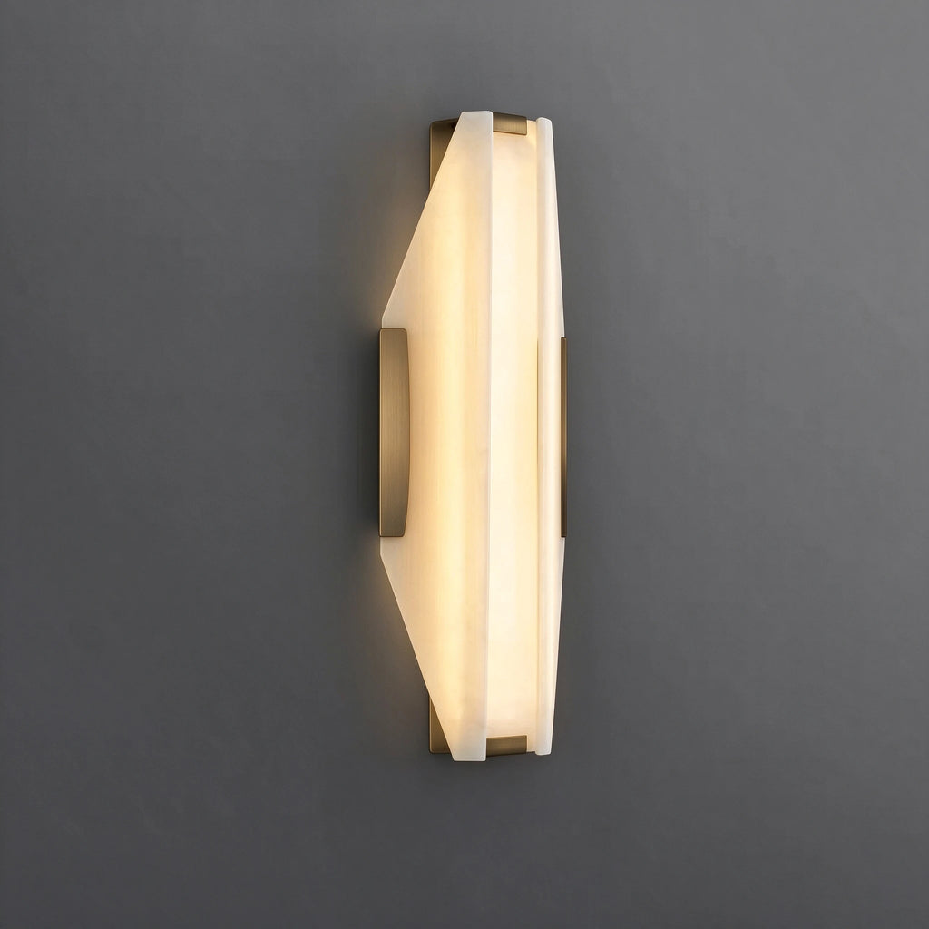 Illuminated Modern Brass Trim Wall Sconce Side View Studio Display   