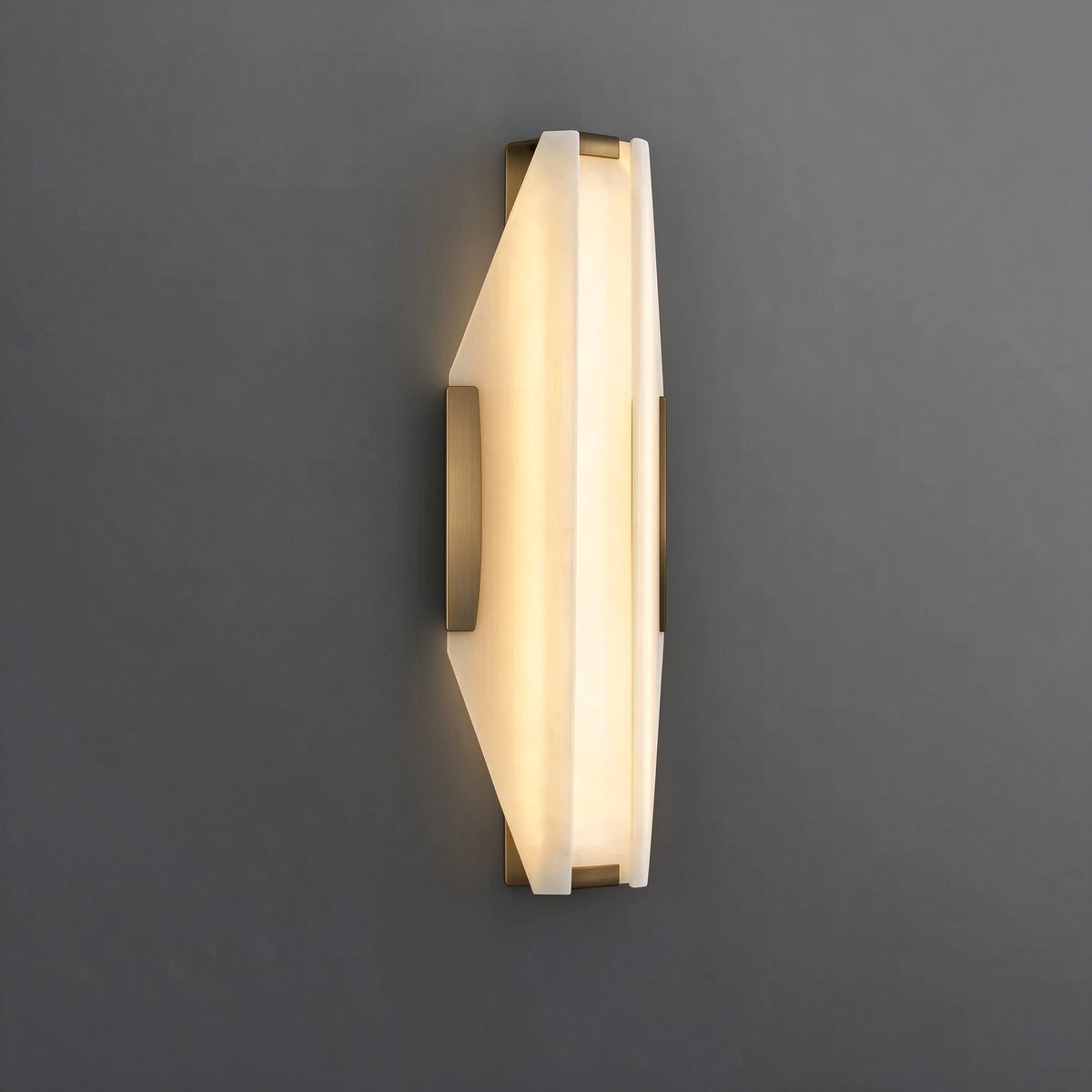 Illuminated Modern Brass Trim Wall Sconce Side View Studio Display   