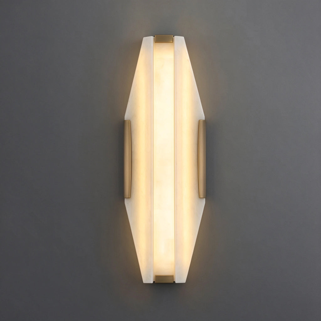 Illuminated Modern Alabaster Wall Sconce Studio Shot on Grey Background   