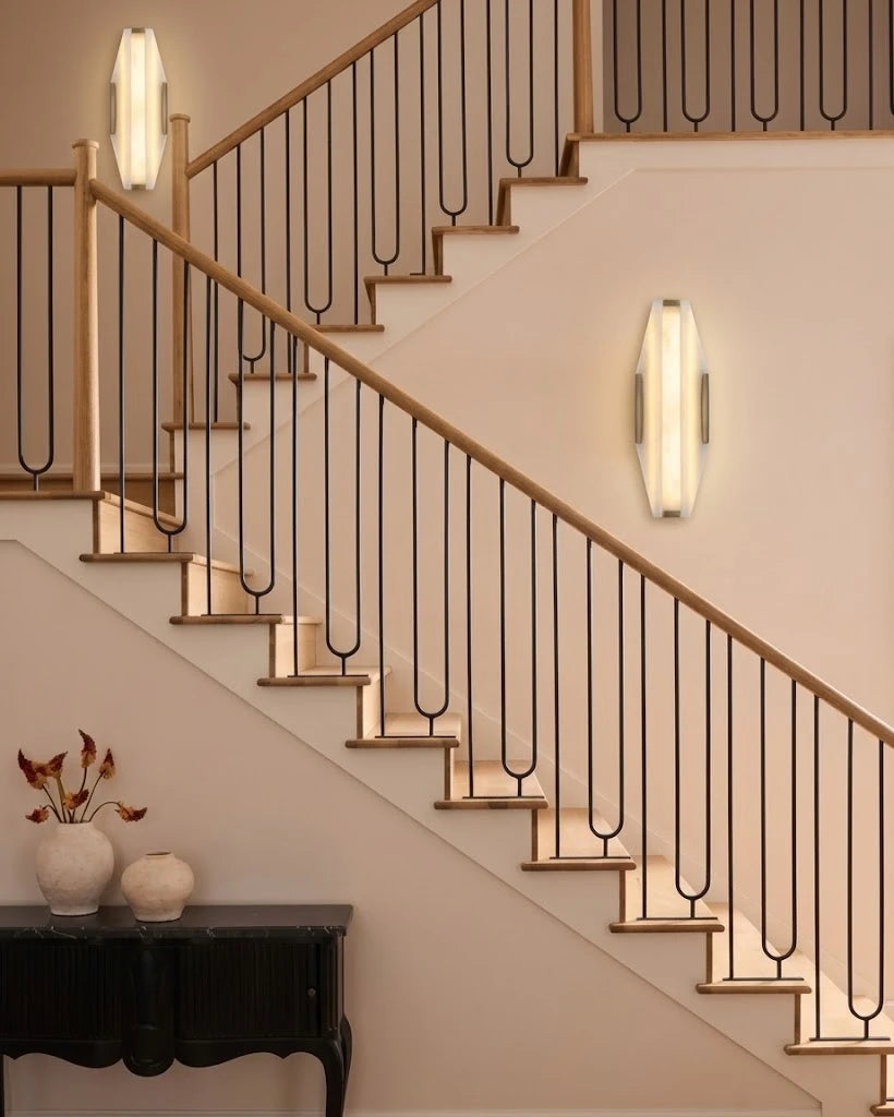 Modern Hexagonal Alabaster Wall Sconce in Grand Staircase Corridor