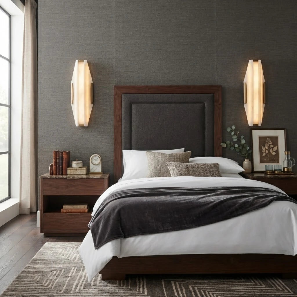 Modern Brass Trim Wall Sconce in Cozy Master Bedroom Suite   