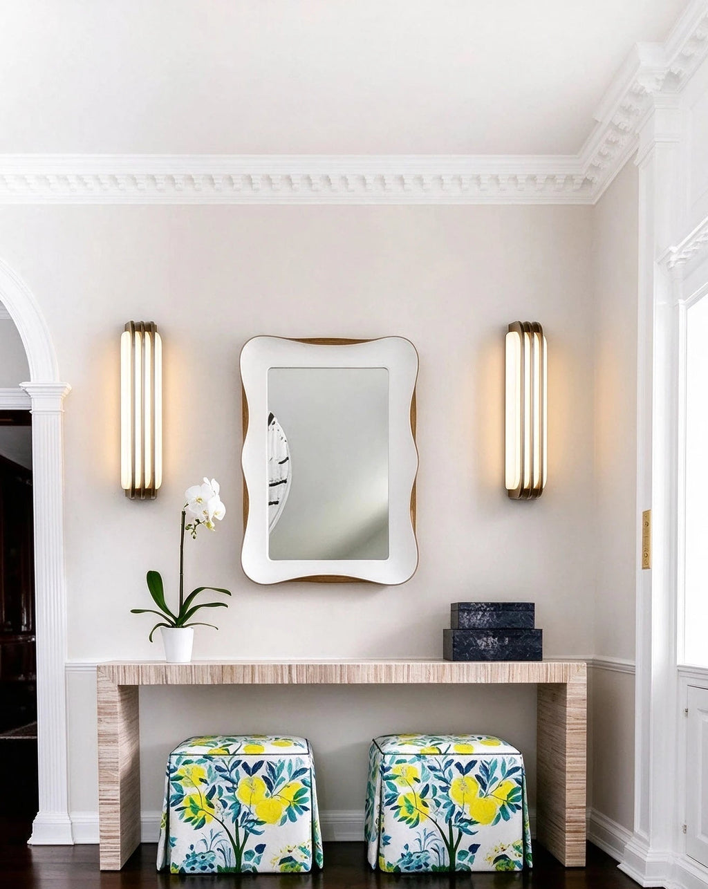 Modern Metal Trim Alabaster Wall Sconce in Elegant Entryway Foyer