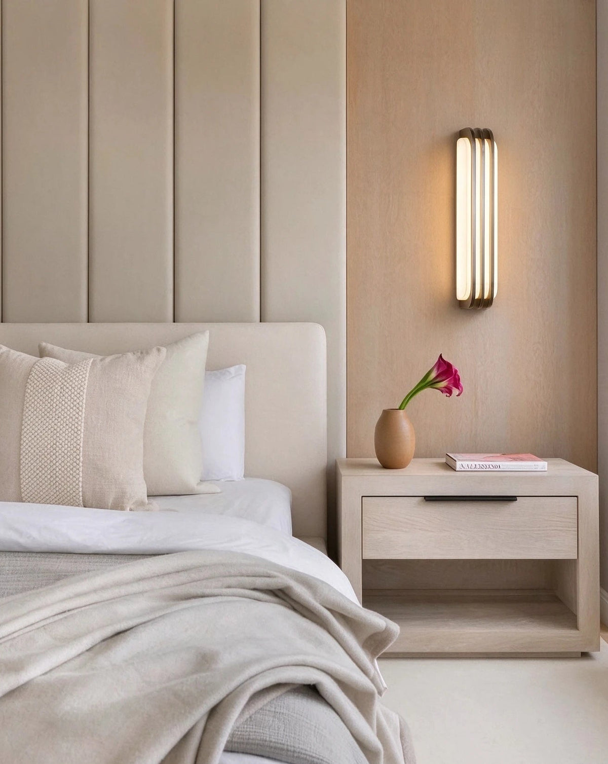Modern Metal Trim Alabaster Wall Sconce in Master Bedroom Suite