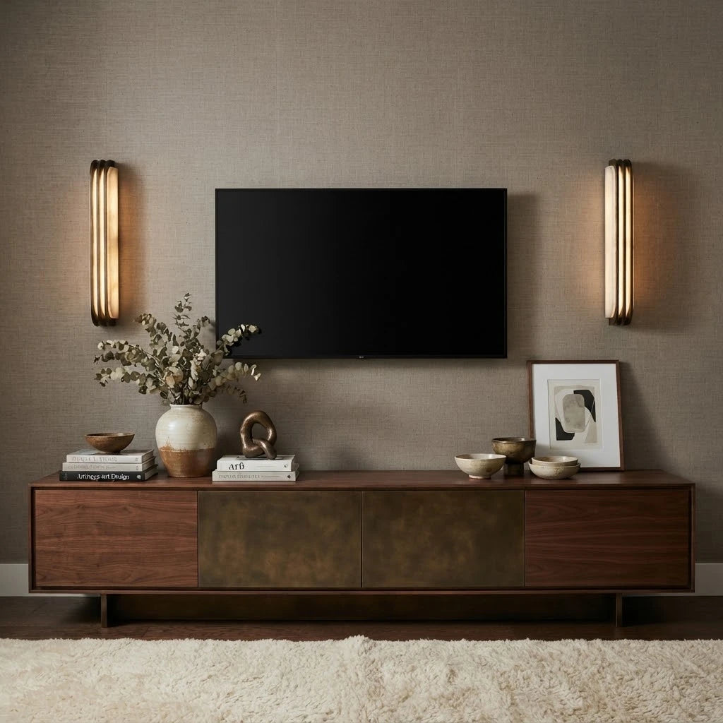 Modern Metal Trim Alabaster Wall Sconce in Contemporary Living Room