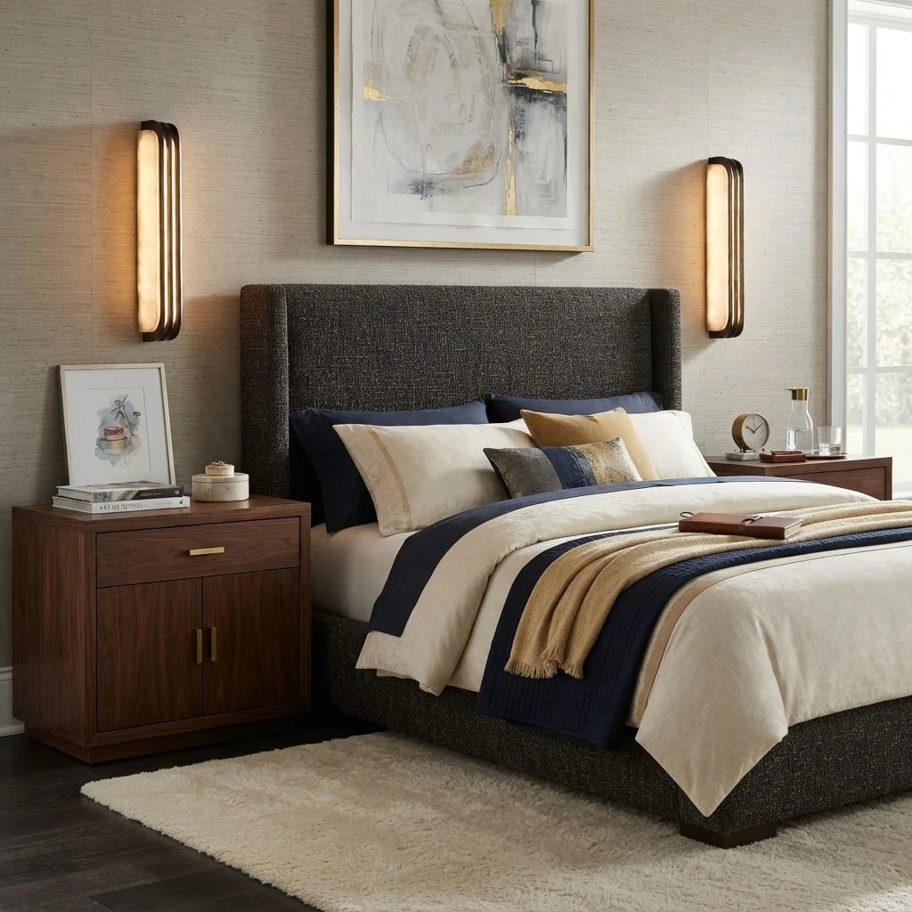 Modern Alabaster Long Wall Sconce in Cozy Bedroom Interior