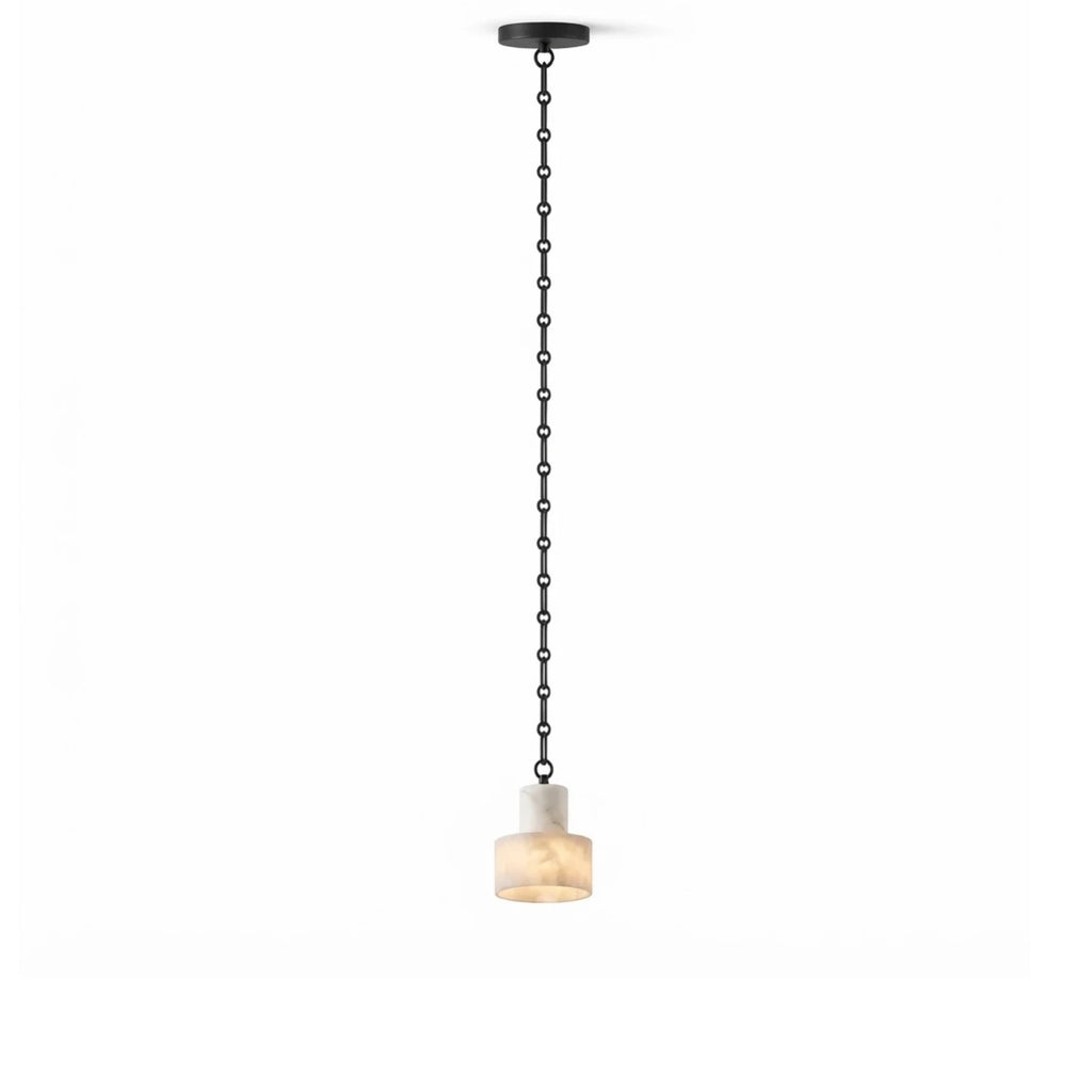 Modern Black Frame Alabaster Art Glass Pendant Light with Black Canopy on Pure White Background