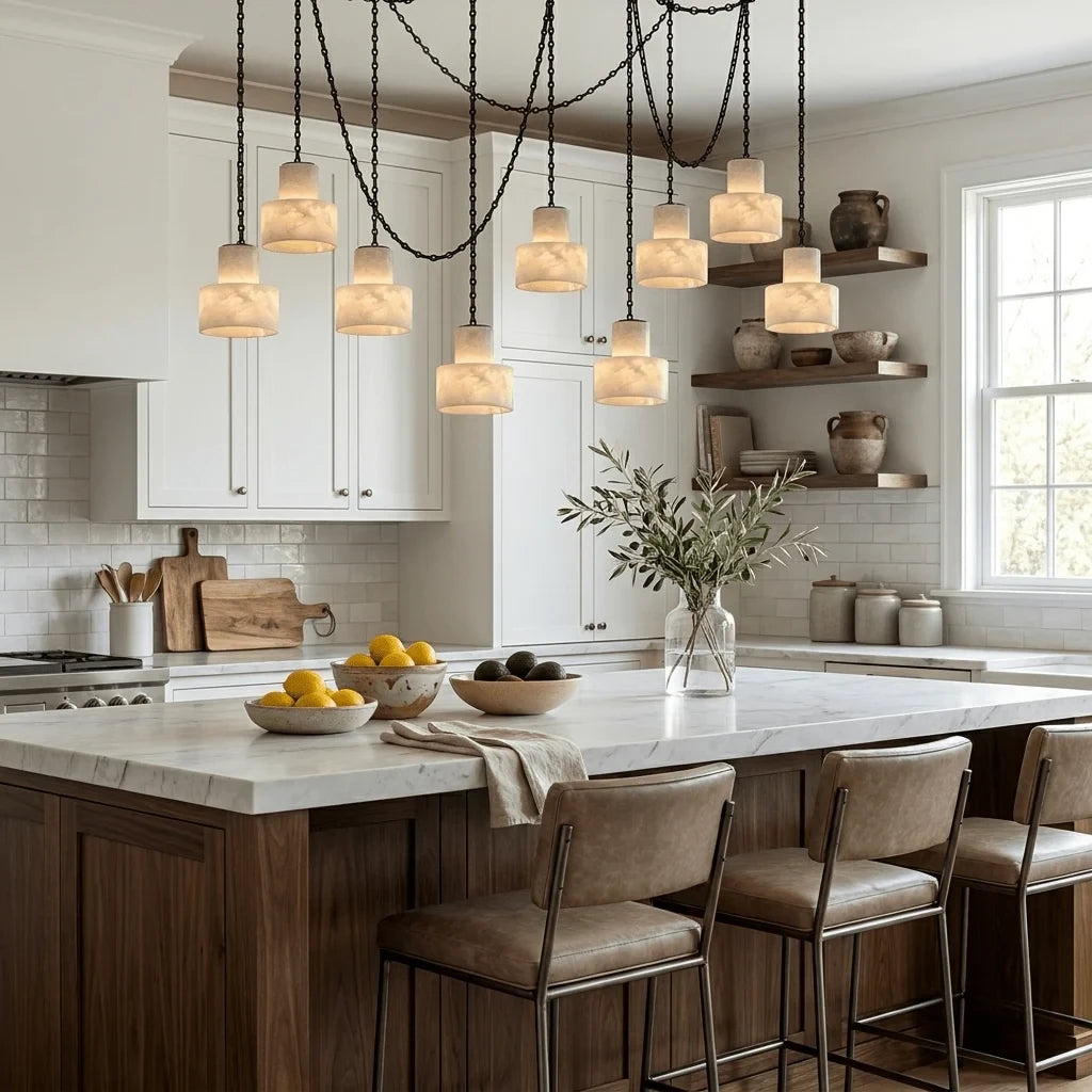 Modern Multi-Light Alabaster Pendant Chandelier Over Kitchen Island