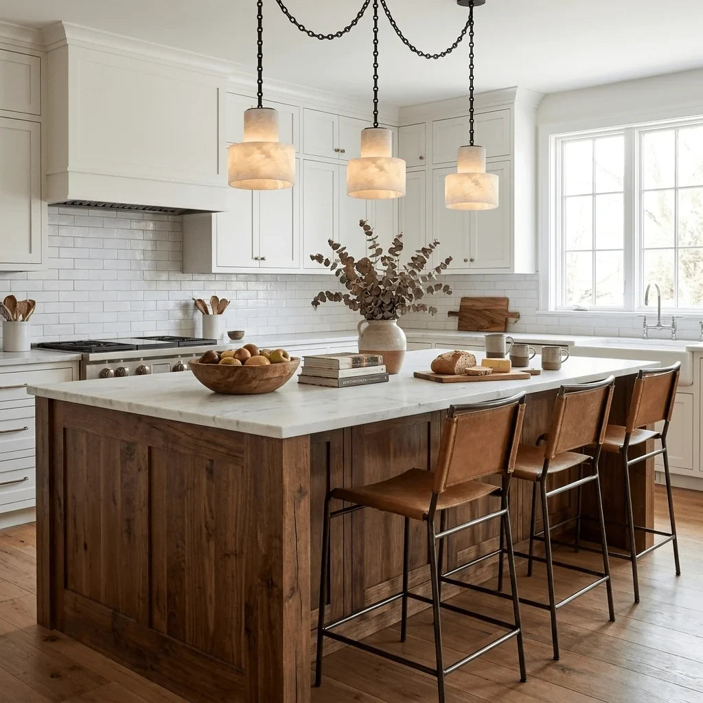 Modern Black Frame Multi-Light Alabaster Pendant Light Over Kitchen Bar
