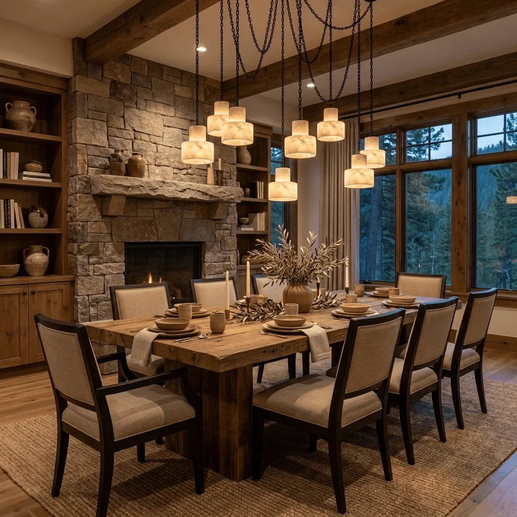 Modern Alabaster Art Glass Chandelier in Rustic Dining Room