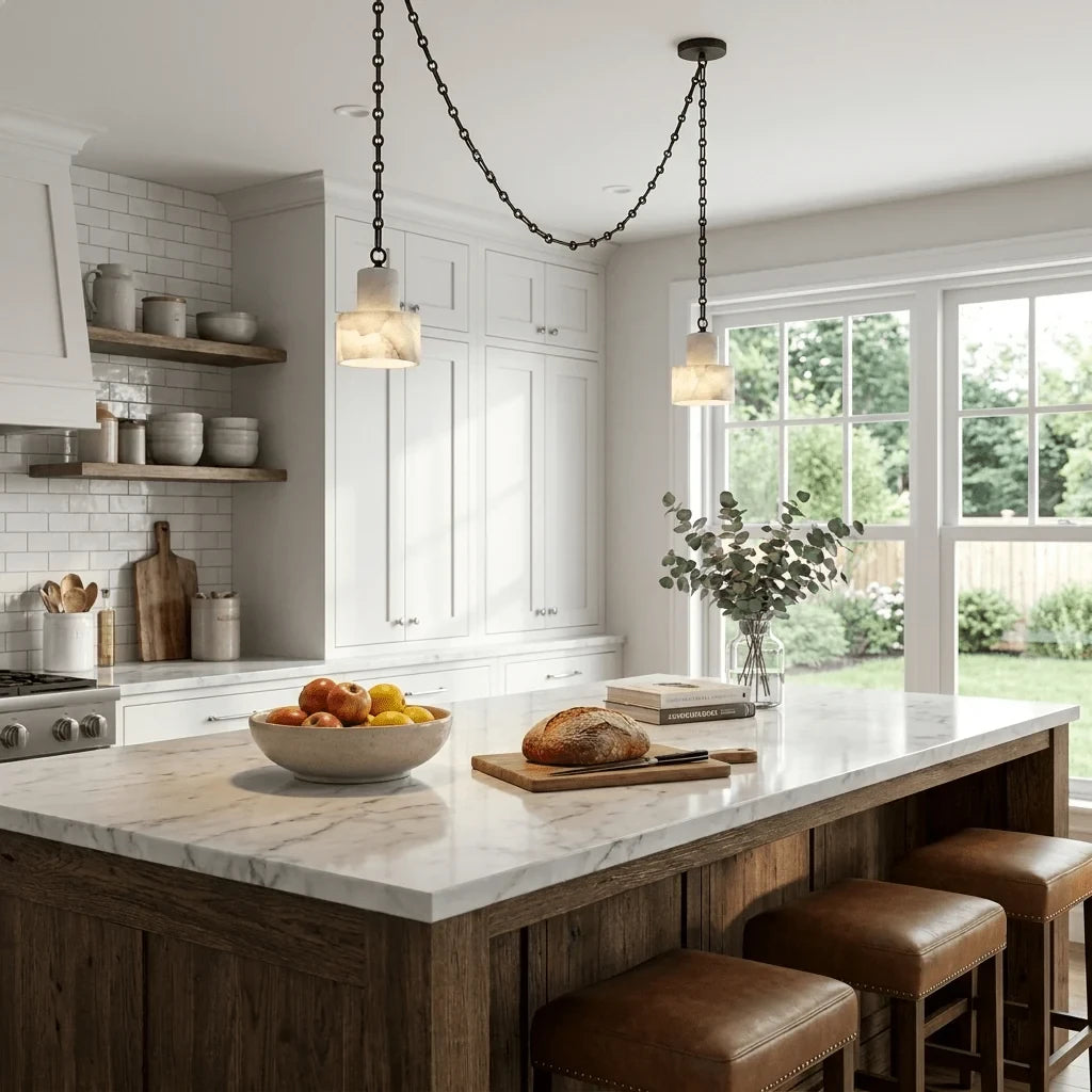 Modern Black Frame Alabaster Pendant Light in Bright Dining Space