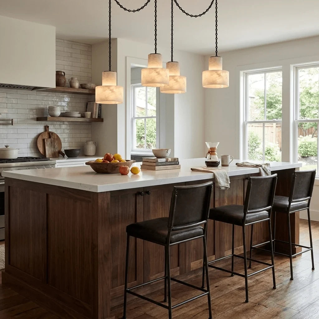 Modern Alabaster Art Glass Pendant Light in Open Concept Kitchen