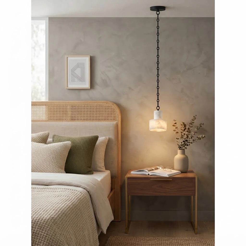 Modern Black Frame Alabaster Pendant Light in Master Bedroom Setting
