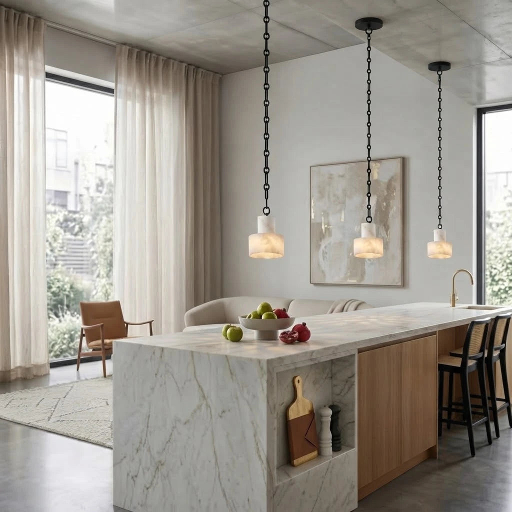 Modern Black Frame Alabaster Pendant Light Over Dining Room Table