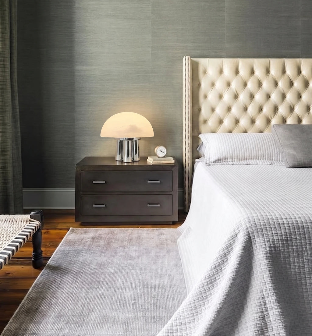Mid Century Chrome Mushroom Lamp Over Bedroom Nightstand