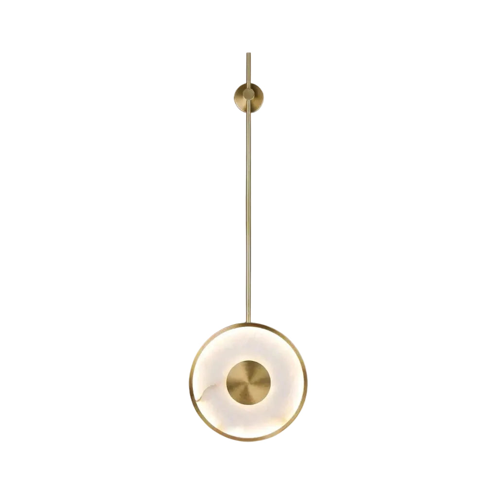 Modern Brass Pendant Rod and Alabaster Ring Wall Sconce with Center Disk Accent and Warm Light on Pure White Background