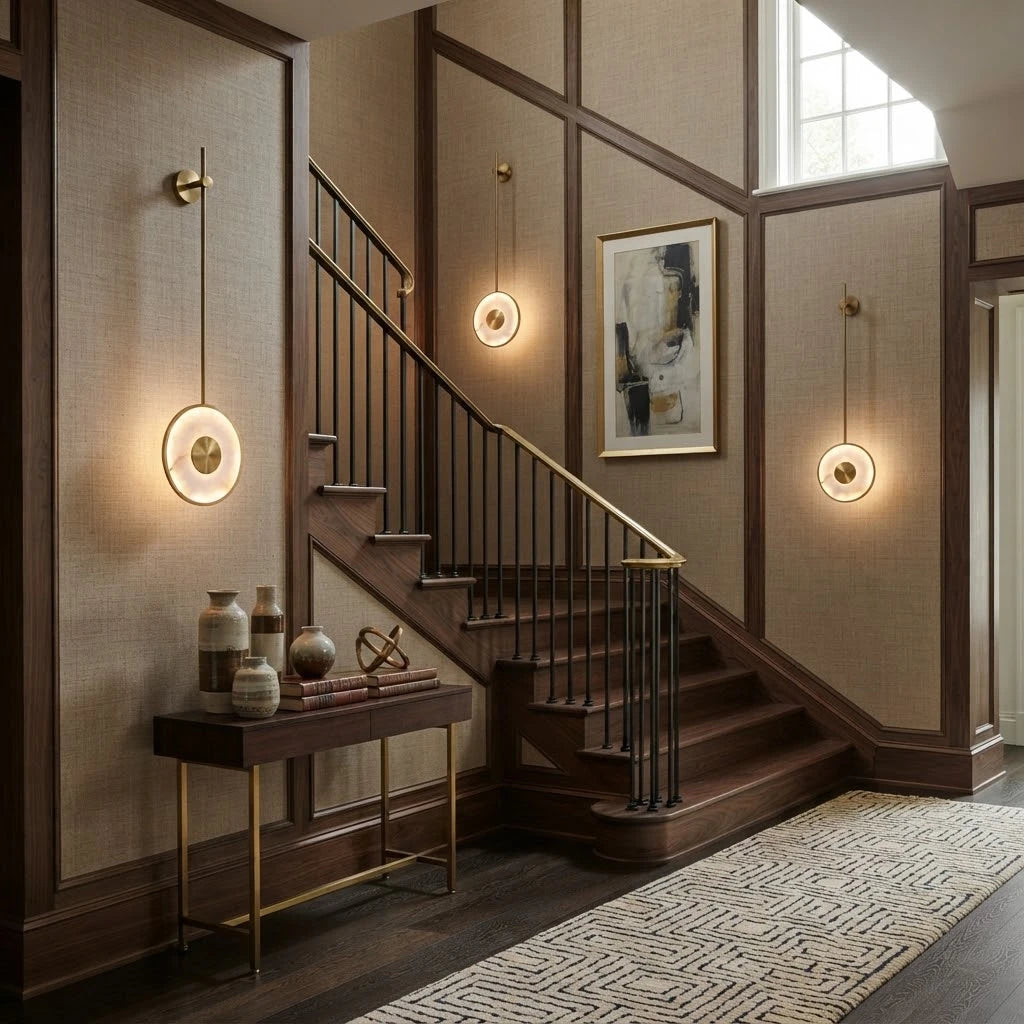 Modern Brass Pendant Rod Wall Sconce in Grand Staircase Foyer
