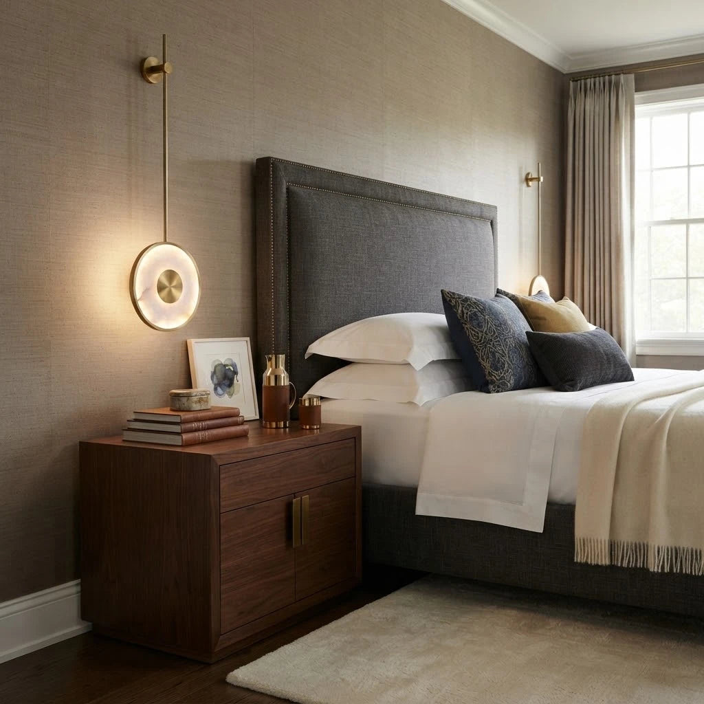Modern Alabaster Ring Wall Sconce in Contemporary Bedroom Interior