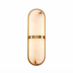 Modern Oval Alabaster and Brass Center Band Wall Sconce with Warm Light on Pure White Background