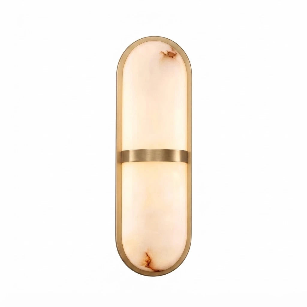 Modern Oval Alabaster and Brass Center Band Wall Sconce with Warm Light on Pure White Background