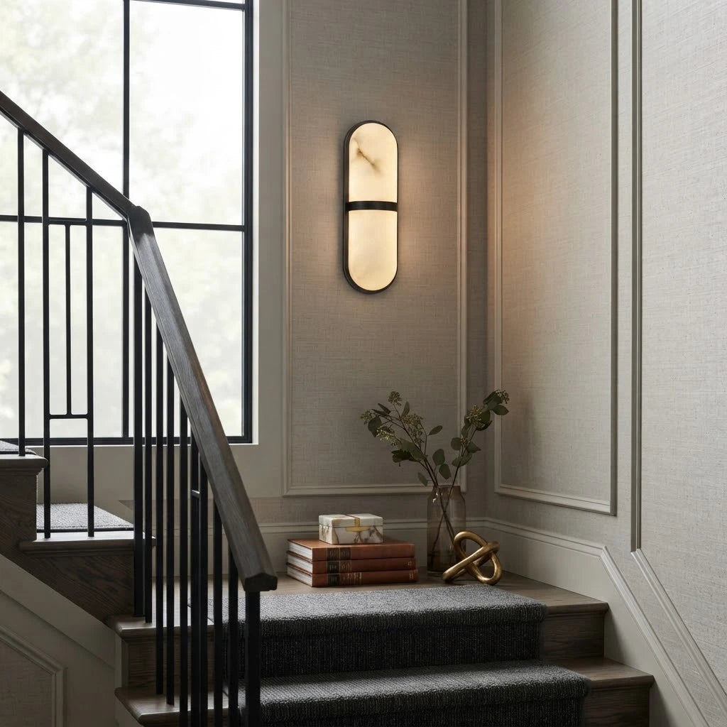Modern Brass Center Band Wall Sconce in Grand Staircase Foyer
