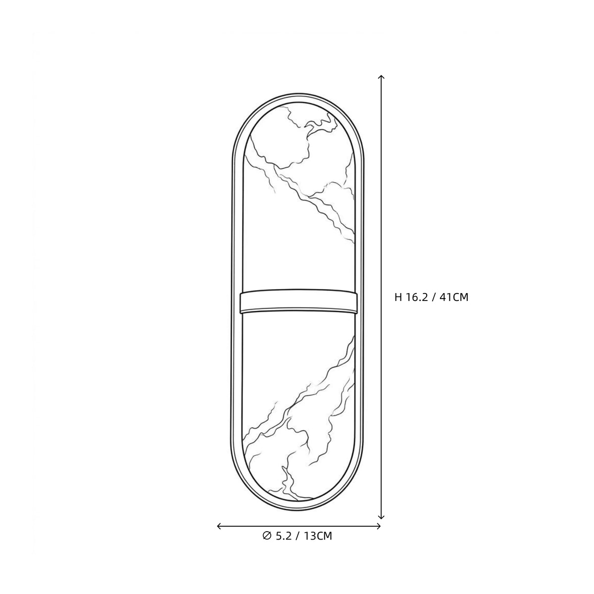 Modern Oval Alabaster and Brass Center Band Wall Sconce Line Art Dimension Diagram