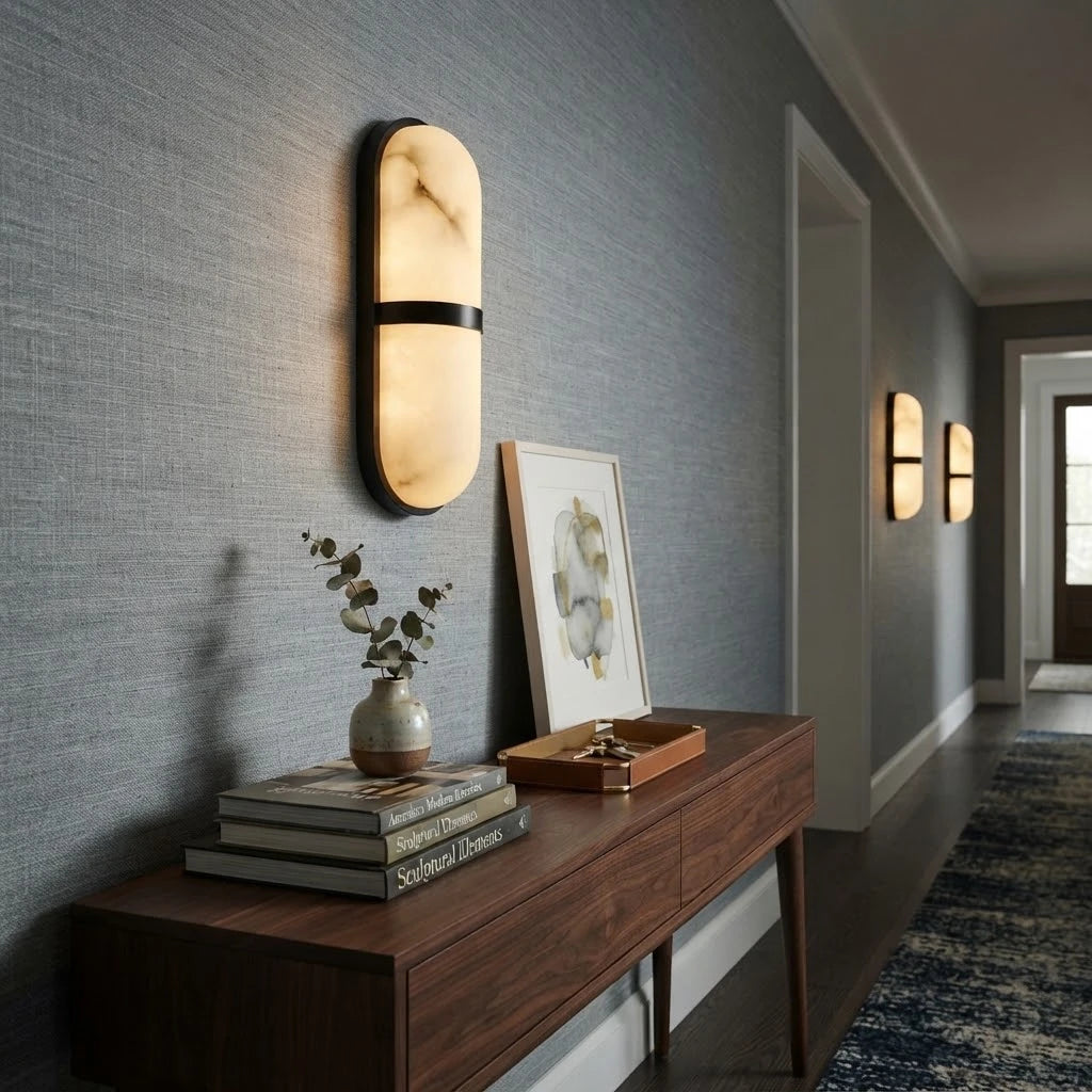 Modern Alabaster Wall Sconce in Elegant Hallway Corridor Setting   