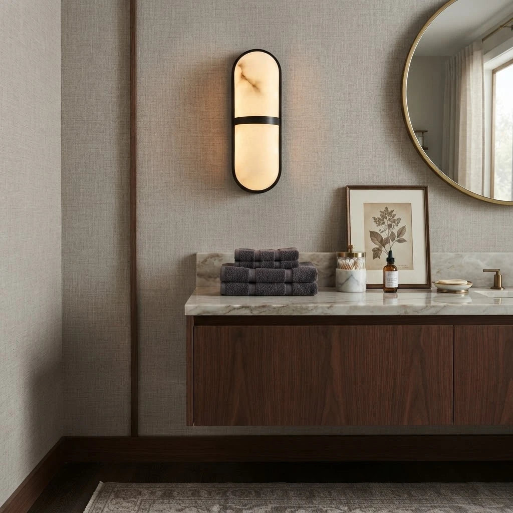 Modern Brass Center Band Wall Sconce in Luxury Bathroom Vanity Space