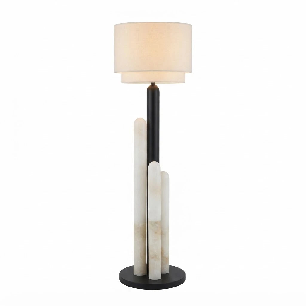 Modern Alabaster Columns and Drum Shade Floor Lamp with Black Pole and Warm Light on Pure White Background