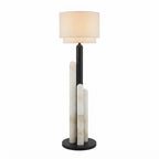 Modern Alabaster Columns and Drum Shade Floor Lamp with Black Pole and Warm Light on Pure White Background