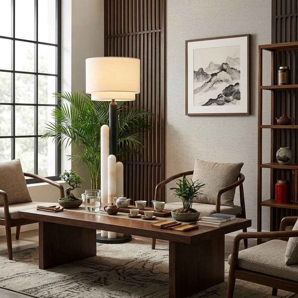 Modern Alabaster Column Floor Lamp in Designer Tea Room Setting   