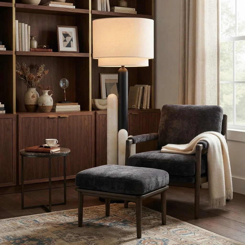 Modern Drum Shade Floor Lamp in Cozy Home Office Setting   