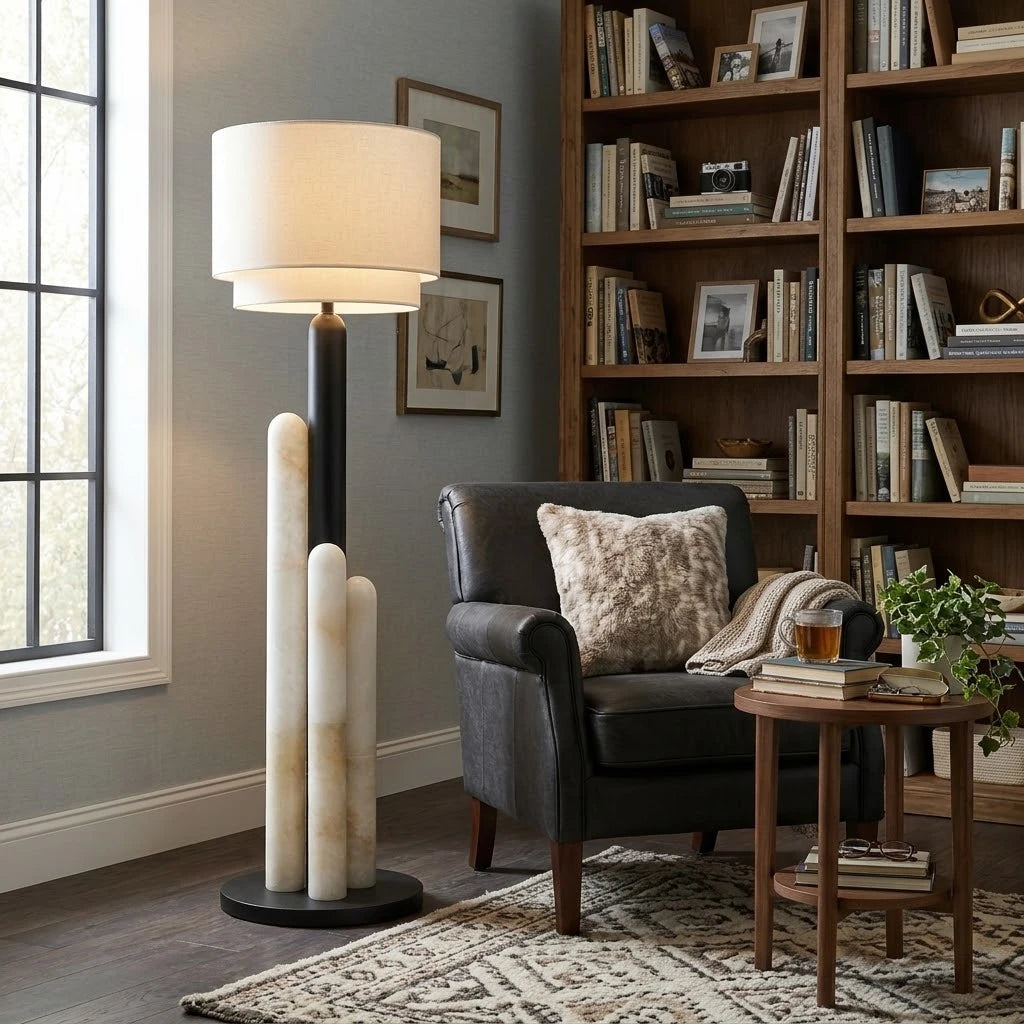 Modern Alabaster Column Floor Lamp in Sophisticated Study Room   