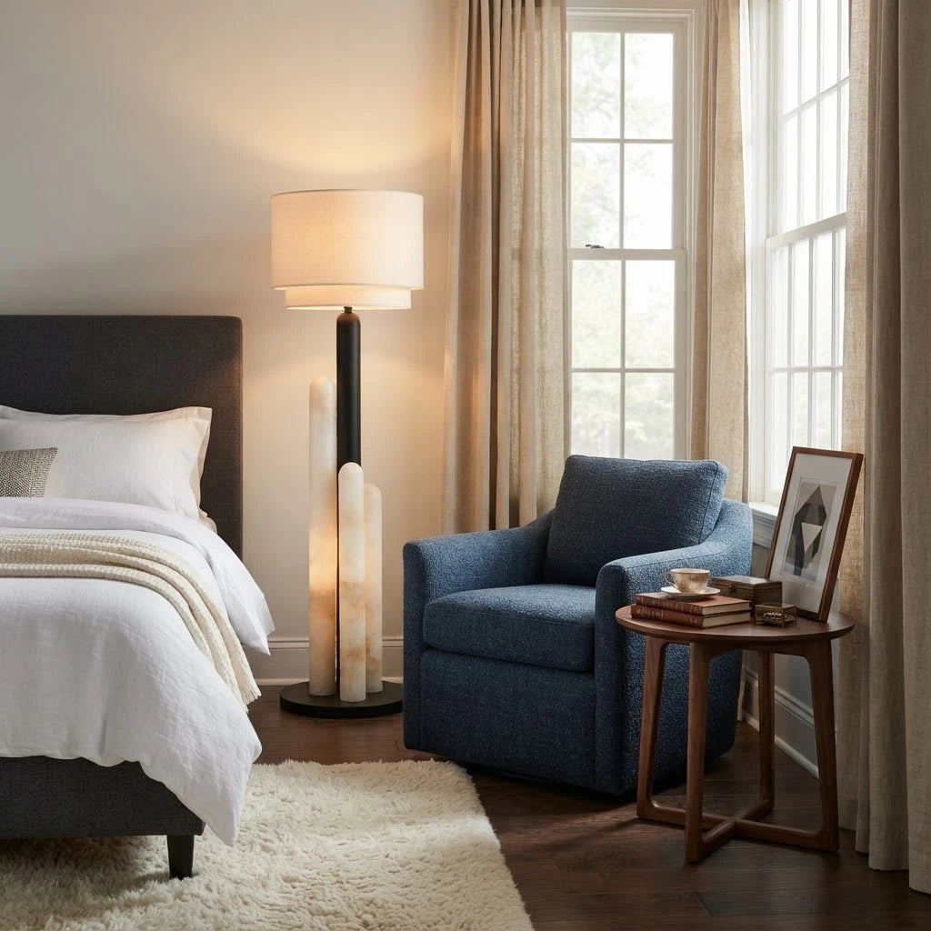 Modern Drum Shade Floor Lamp in Master Bedroom Suite   