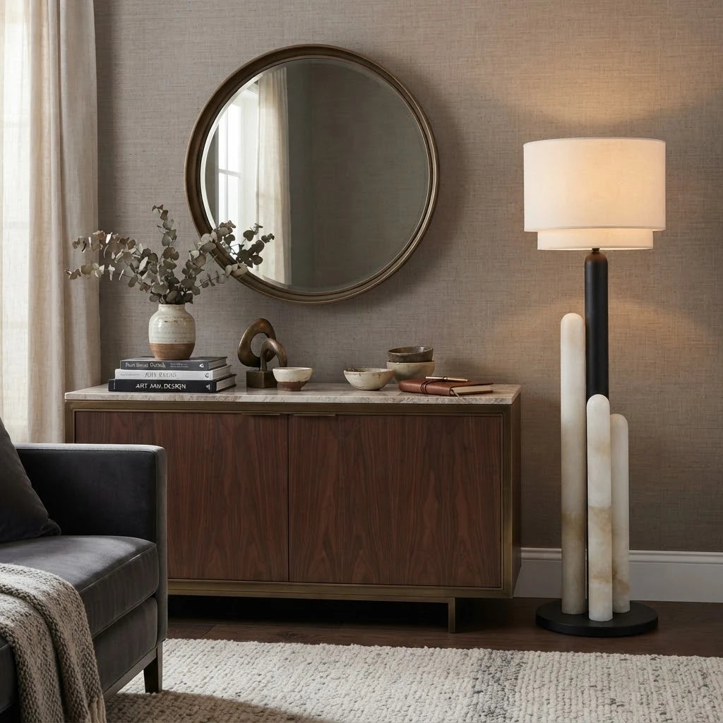 Modern Alabaster Column Floor Lamp in Sophisticated Living Room Setting