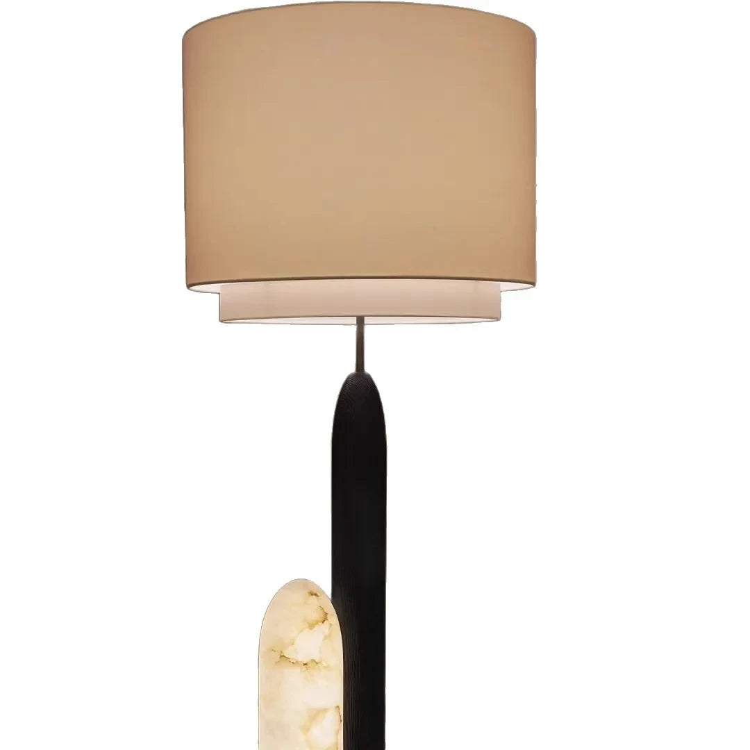 Illuminated Modern Alabaster Columns and Drum Shade Floor Lamp Studio Shot on White Background   