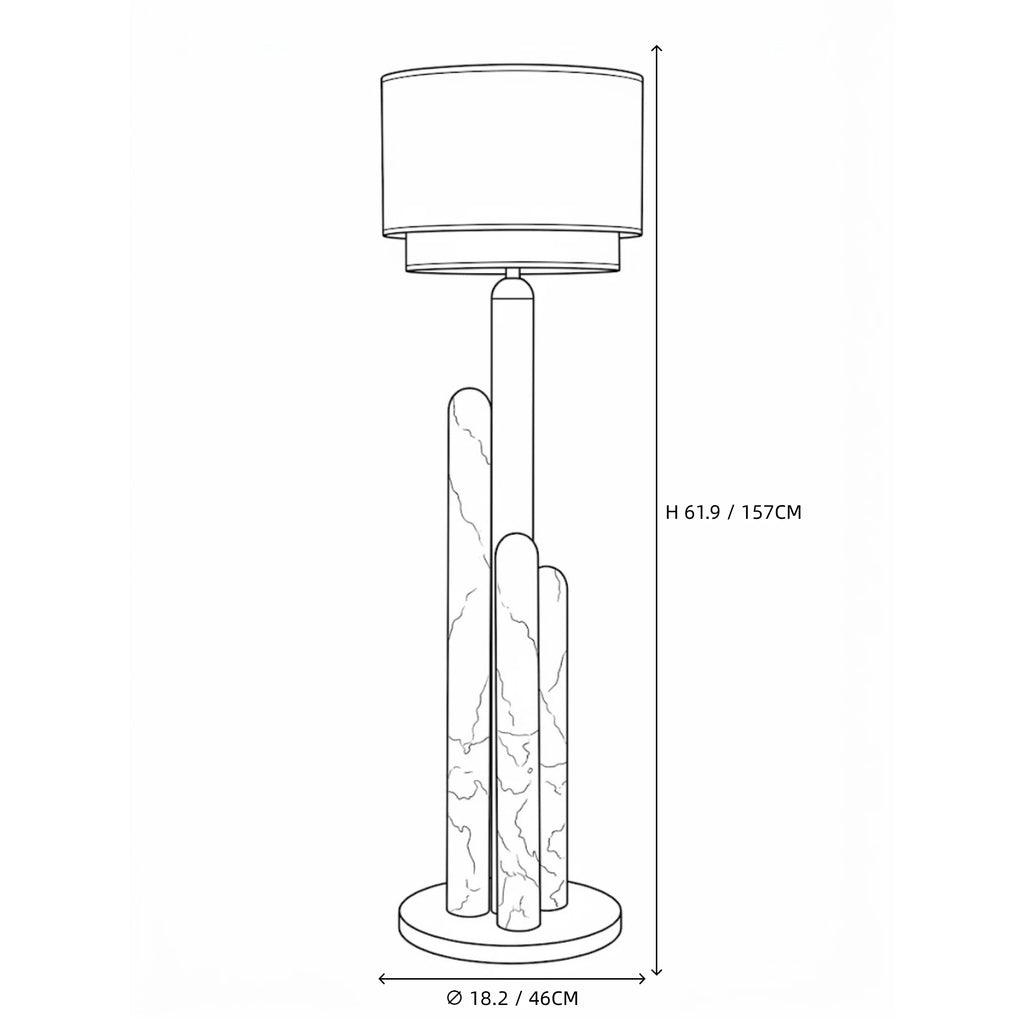 Modern Alabaster Columns and Drum Shade Floor Lamp Line Art Dimension Diagram   